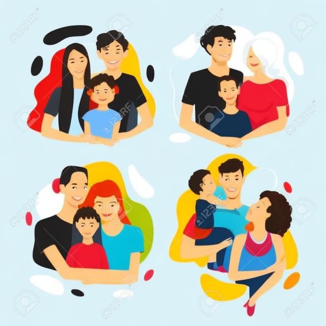 Family with different nationality vector illustration set. Cartoon father, mother and kids of mixed race standing together, portrait avatars collection of happy multiracial people isolated on white