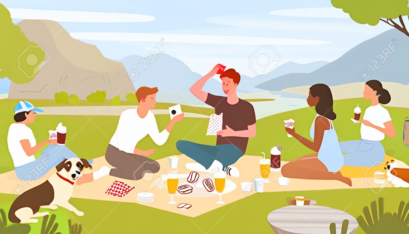 Cartoon urban cityscape with characters playing card game, drinking drinks and eating food from picnic bag together. Friends people on picnic party in summer city park landscape vector illustration