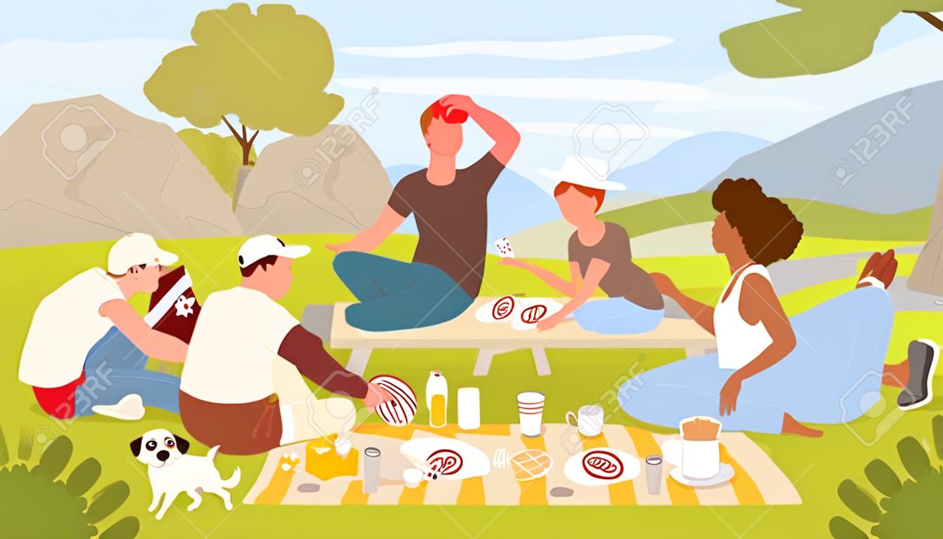 Cartoon urban cityscape with characters playing card game, drinking drinks and eating food from picnic bag together. Friends people on picnic party in summer city park landscape vector illustration