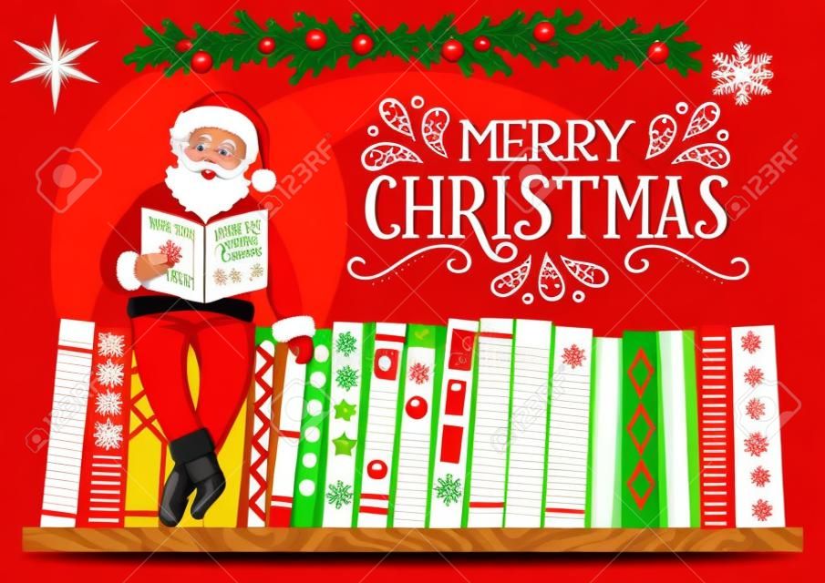 Frohe Weihnachtsgrußkarte. Weihnachtsmann-Lesebuch mit Schriftzug. Vektor-Illustration.