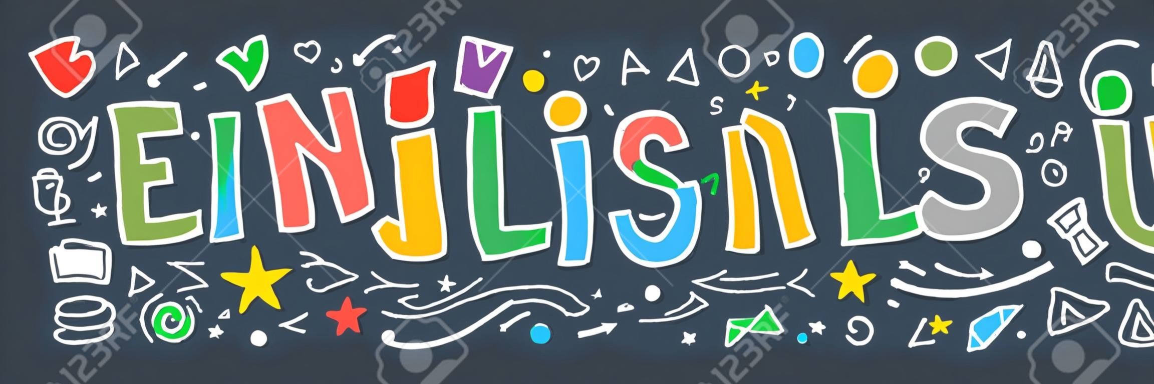 English. Language hand drawn doodles and lettering. Education banner. Vector illustration.