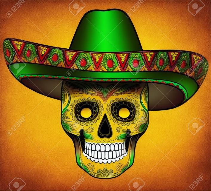 Cráneo mexicano tradicional con sombrero. Cráneo del vector en el sombrero mexicano. Ornamento de México