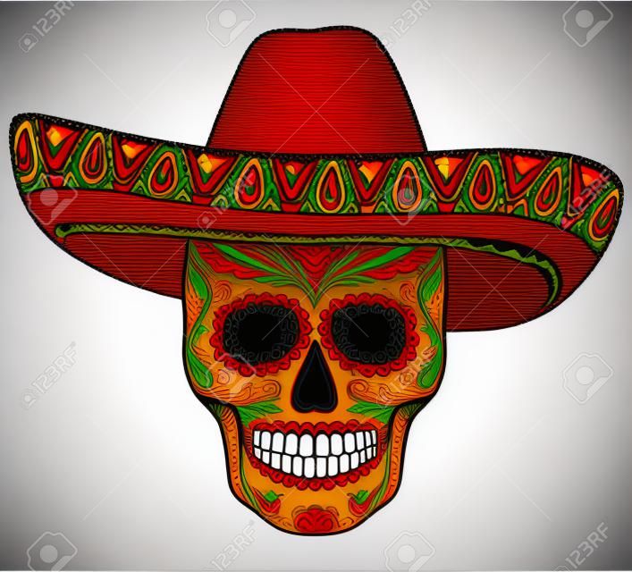 Traditional mexican skull with sombrero. Vector skull in mexican hat. Mexican ornament