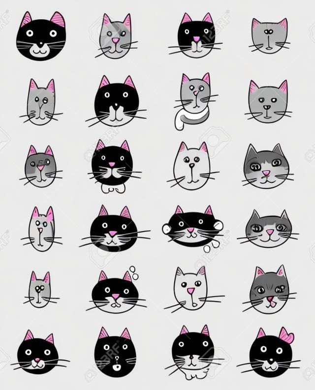 Conjunto de rostos de gato bonito. Doodle engraçado vector.