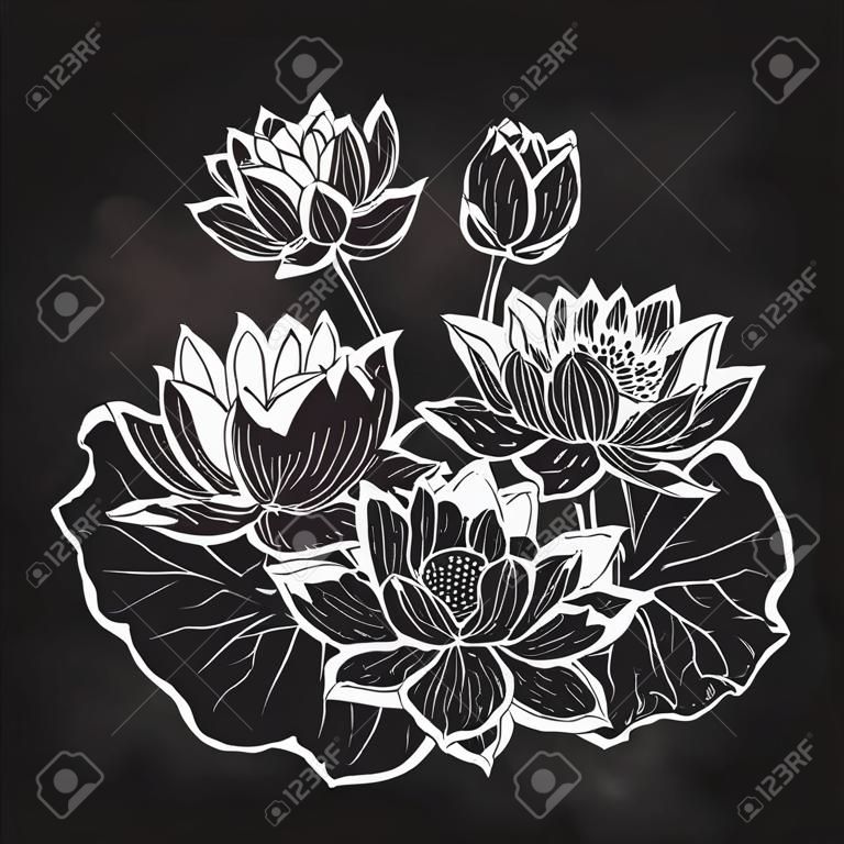Bella in bianco e nero vettore bouquet floreale di fiori di loto e foglie in stile grafico.