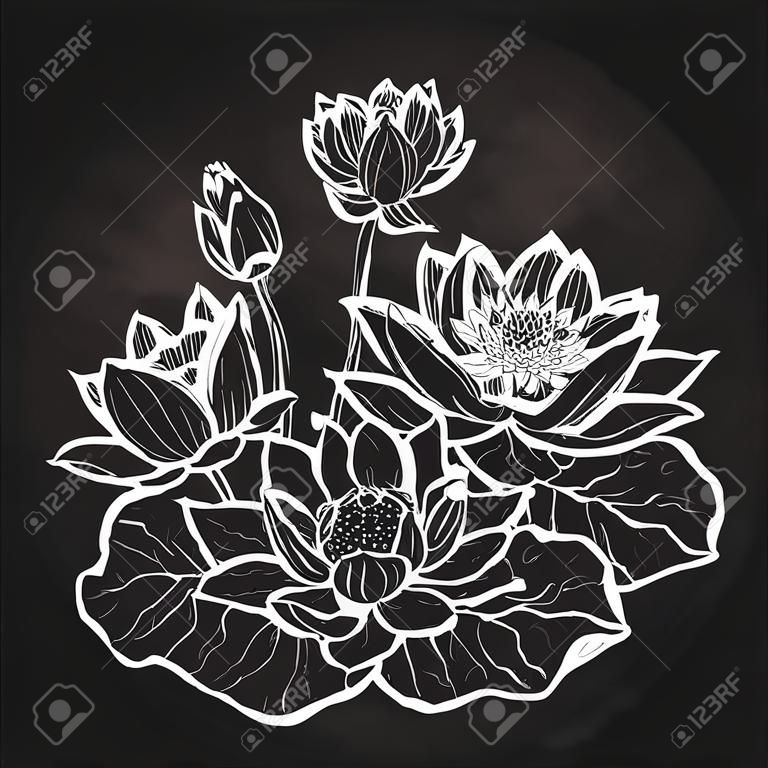 Bella in bianco e nero vettore bouquet floreale di fiori di loto e foglie in stile grafico.