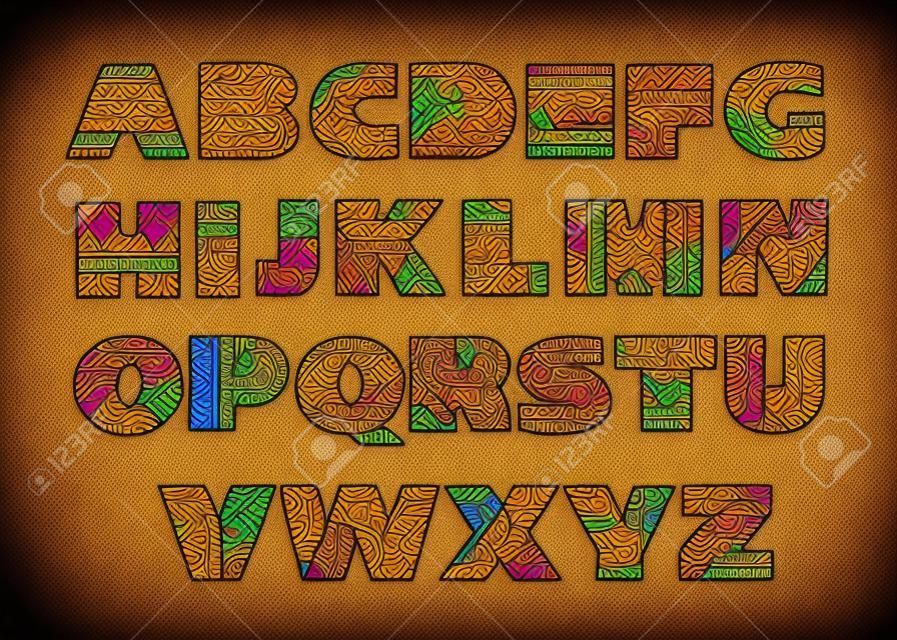 Wektor zestaw ozdobnymi literami z abstrakcyjnych wzorów afrykańskich etnicznych. Fancy alfabet w stylu tribal hodowlanej. Piękne kolorowe czcionki.