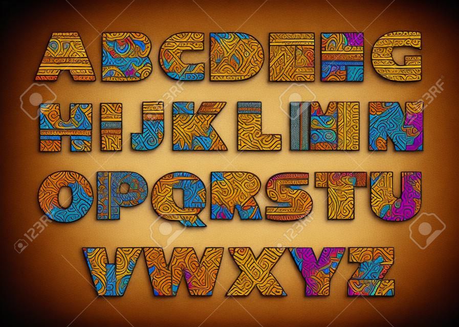 Vector set of ornate capital letters with abstract ethnic African patterns. Fancy alphabet in tribal culture style. Colorful beautiful font.