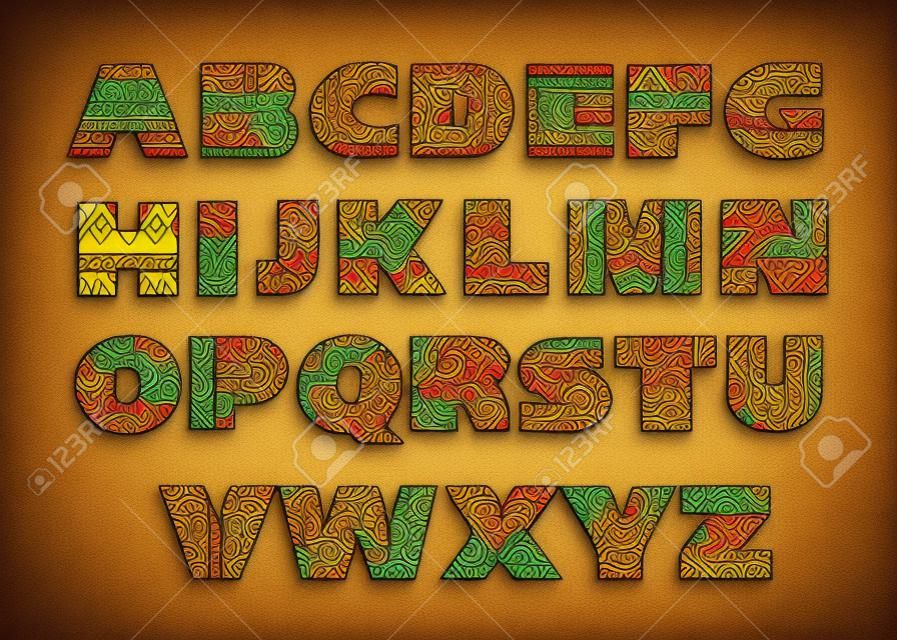 Vector set of ornate capital letters with abstract ethnic African patterns. Fancy alphabet in tribal culture style. Colorful beautiful font.
