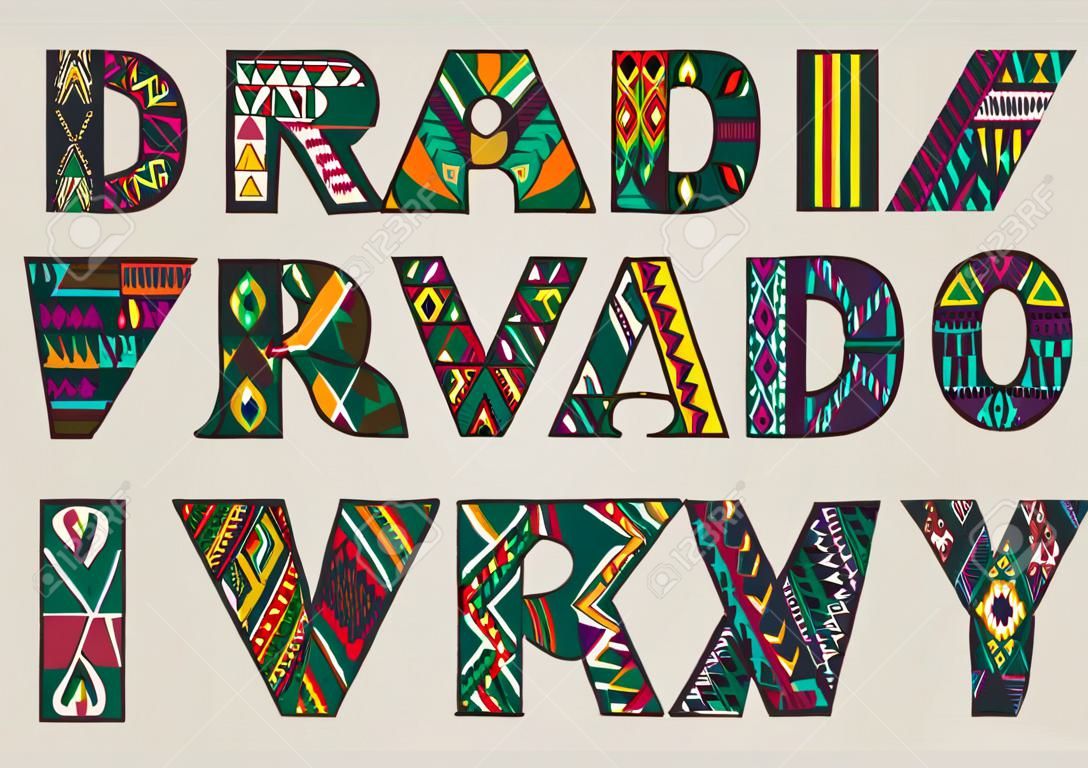 Wektor zestaw ozdobnymi literami z abstrakcyjnych wzorów afrykańskich etnicznych. Fancy alfabet w stylu tribal hodowlanej. Piękne kolorowe czcionki.