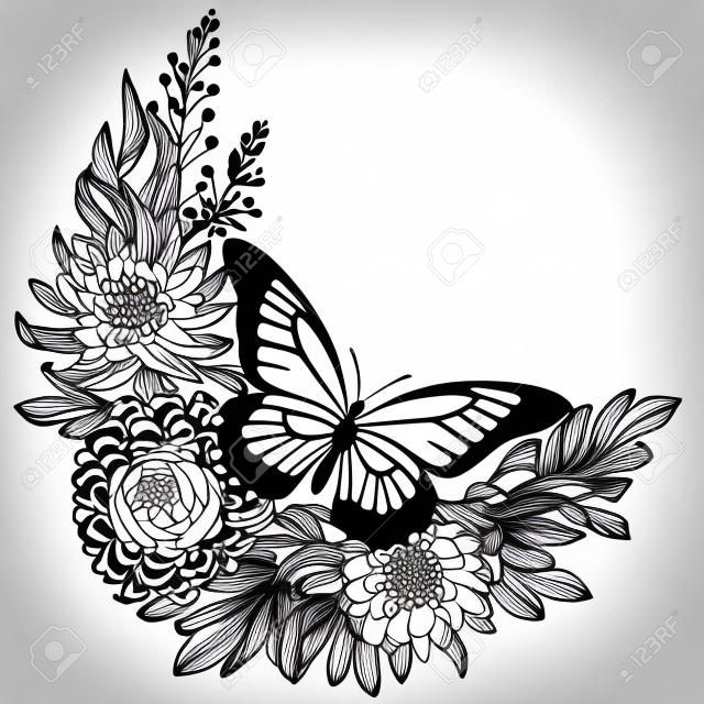 Corona di vettore con disegnato a mano in bianco e nero fiori di crisantemo e farfalla nello stile di abbozzo. Bellissimo sfondo floreale Cornice per biglietto di auguri, invito a nozze.