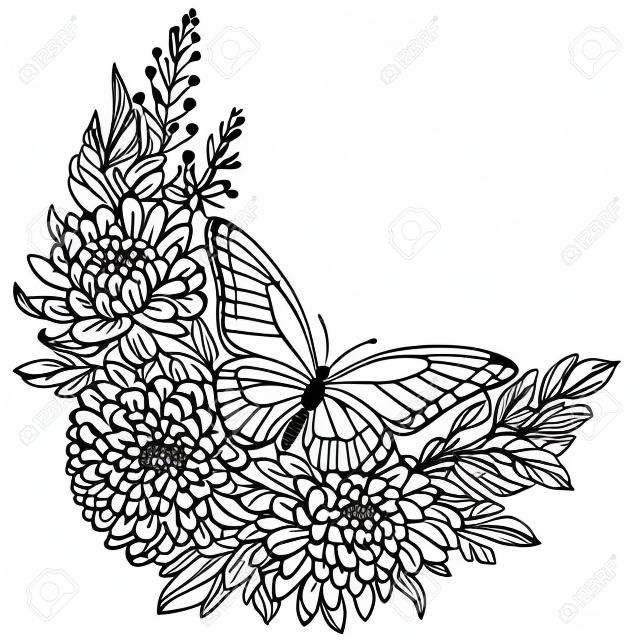 Corona di vettore con disegnato a mano in bianco e nero fiori di crisantemo e farfalla nello stile di abbozzo. Bellissimo sfondo floreale Cornice per biglietto di auguri, invito a nozze.