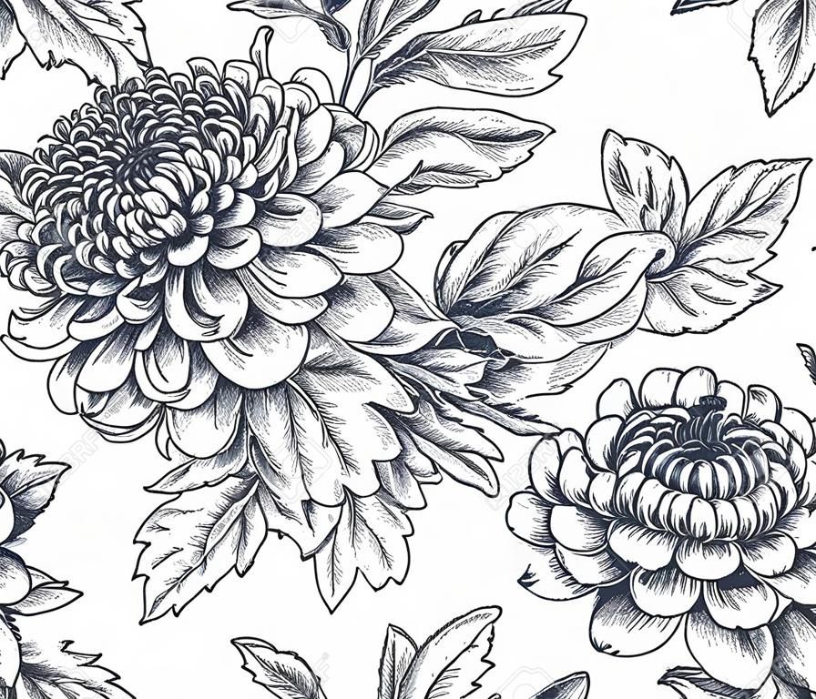 手でシームレスなパターンをベクトル白い背景に菊の花を描かれました。