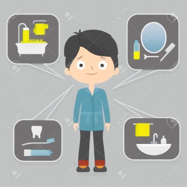 Diseño de concepto de higiene personal. Iconos de vector de higiene diaria con hombre cansado / soñoliento.