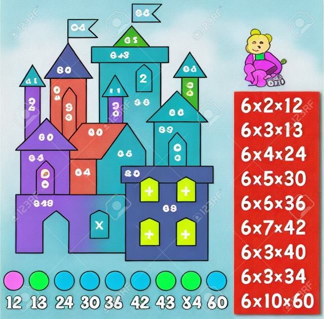 Exercise for children with multiplication by six. Need to paint image in relevant color. Developing skills for counting and multiplication. image.