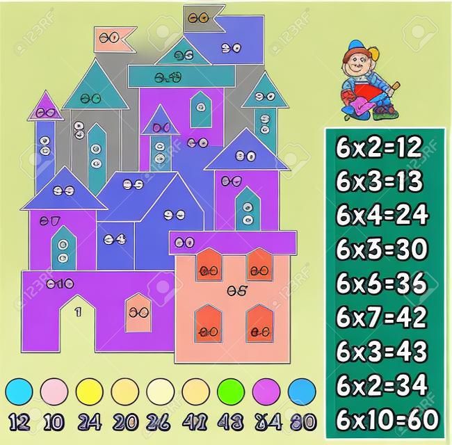 Exercise for children with multiplication by six. Need to paint image in relevant color. Developing skills for counting and multiplication. image.