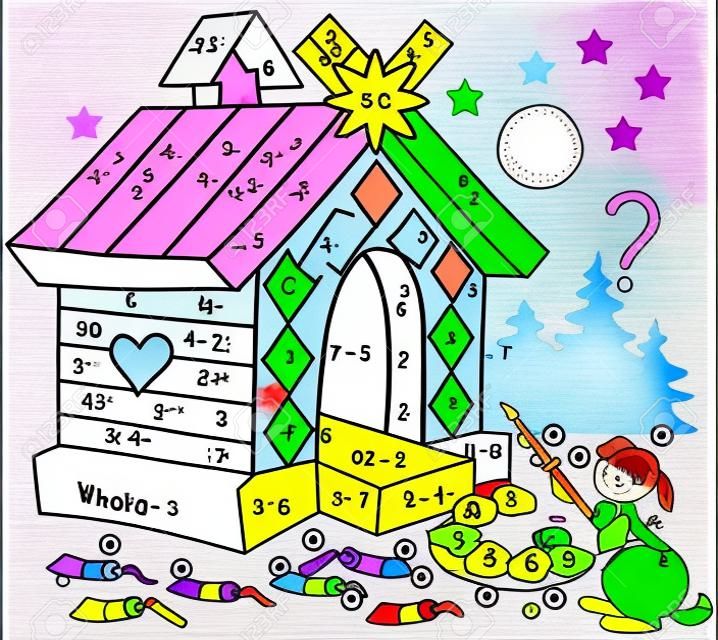 Mathematical worksheet for children on addition and subtraction. Need to solve examples and paint the image in relevant colors. Developing skills for counting.