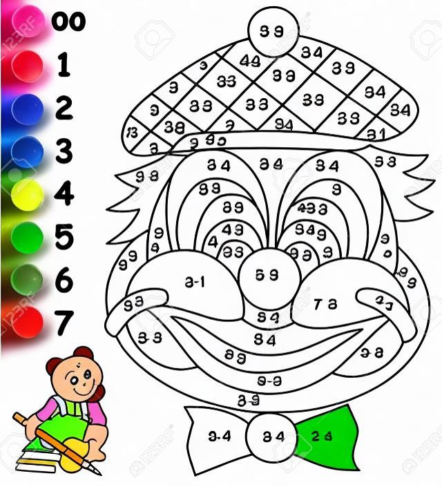 Foglio di lavoro matematico per bambini in addizione e sottrazione. Devi risolvere esempi e dipingere l'immagine con colori pertinenti. Sviluppare abilità per il conteggio.