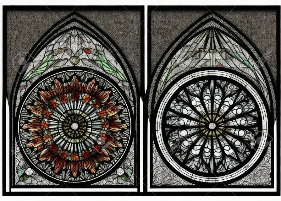 Buntes und Schwarzweiss-Muster des gotischen Buntglases mit Rose, Karikaturbild.