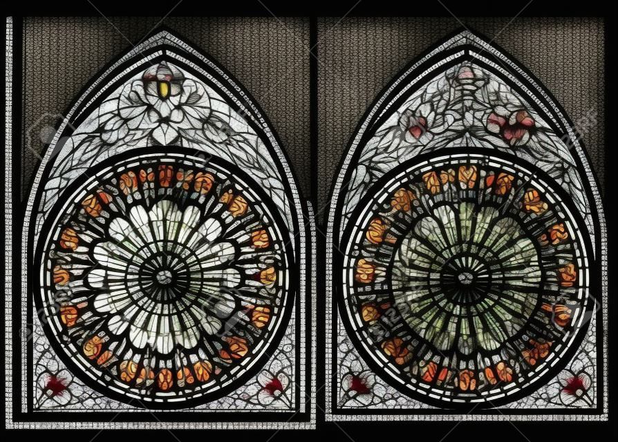 Buntes und Schwarzweiss-Muster des gotischen Buntglases mit Rose, Karikaturbild.