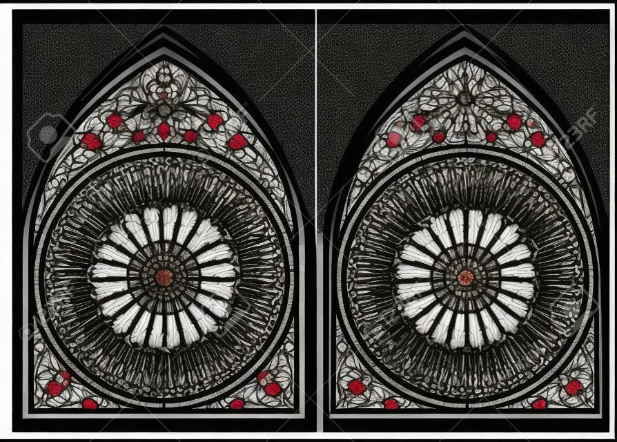 Colorful and black and white pattern of Gothic stained glass with rose, cartoon image.