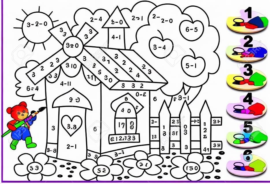 Arkusz matematyczny dla dzieci dotyczący dodawania i odejmowania. Trzeba rozwiązać przykłady i pomalować obraz na odpowiednie kolory.