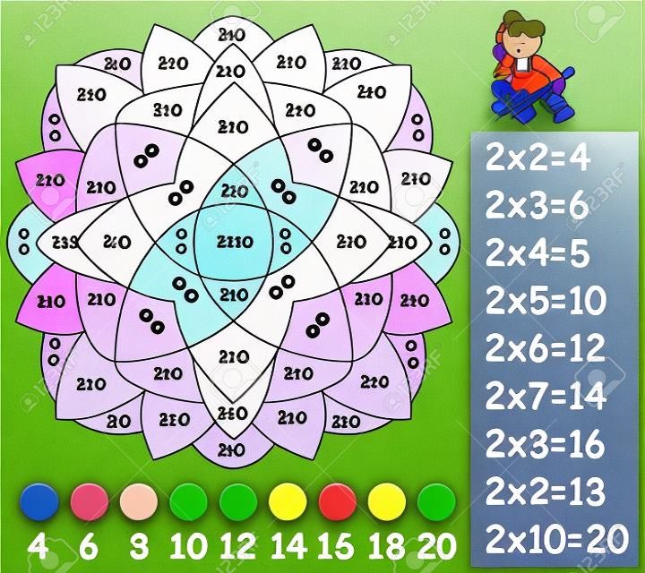 Übung für Kinder mit Multiplikation mit zwei. Müssen Bild in der entsprechenden Farbe malen. Entwicklung von Fähigkeiten zum Zählen und Multiplizieren.