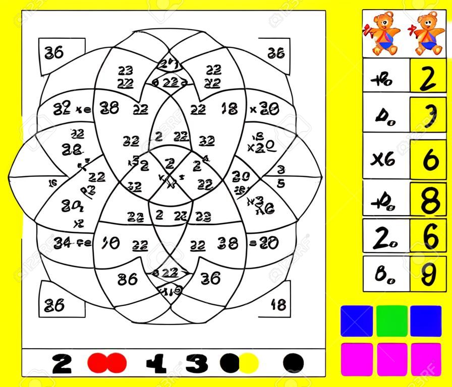 Übung für Kinder mit Multiplikation mit zwei. Müssen Bild in der entsprechenden Farbe malen. Entwicklung von Fähigkeiten zum Zählen und Multiplizieren.