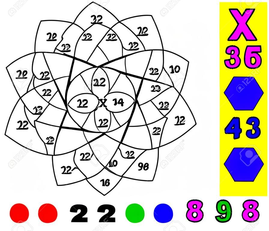 Exercise for children with multiplication by two. Need to paint image in relevant color. Developing skills for counting and multiplication.