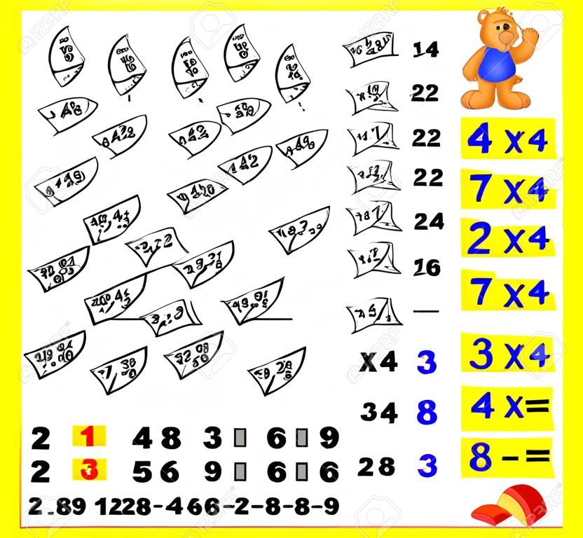 Exercise for children with multiplication by four. Need to paint image in relevant color.