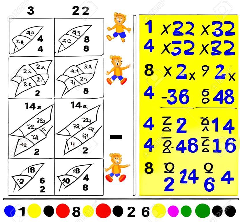 Exercício para crianças com multiplicação por quatro. Precisa pintar a imagem na cor relevante.