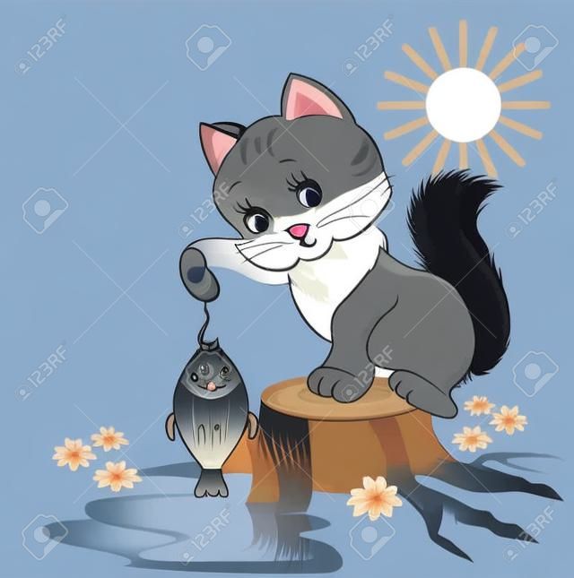 Cat is fishing, vector cartoon image.