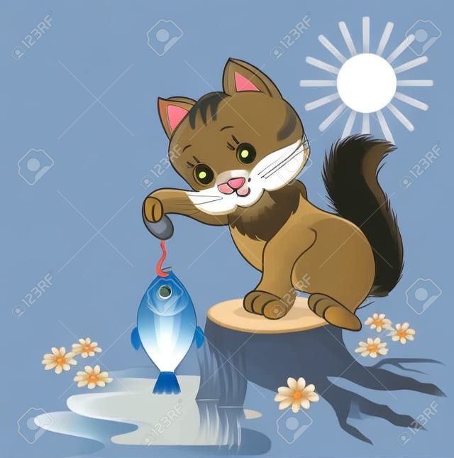 Cat is fishing, vector cartoon image.