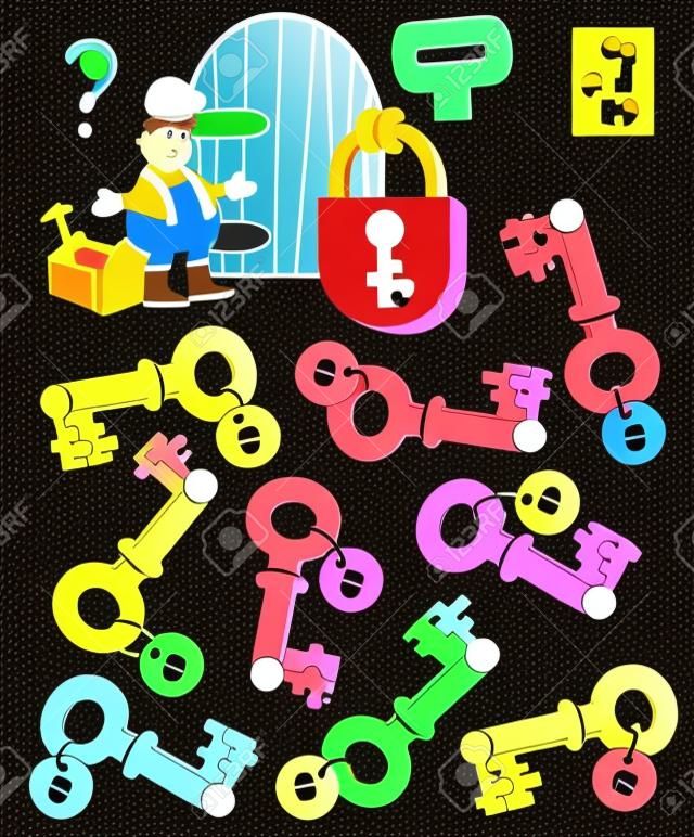 Logic puzzle game for children and adults. Help the worker find the correct key and open the lock vector cartoon image.