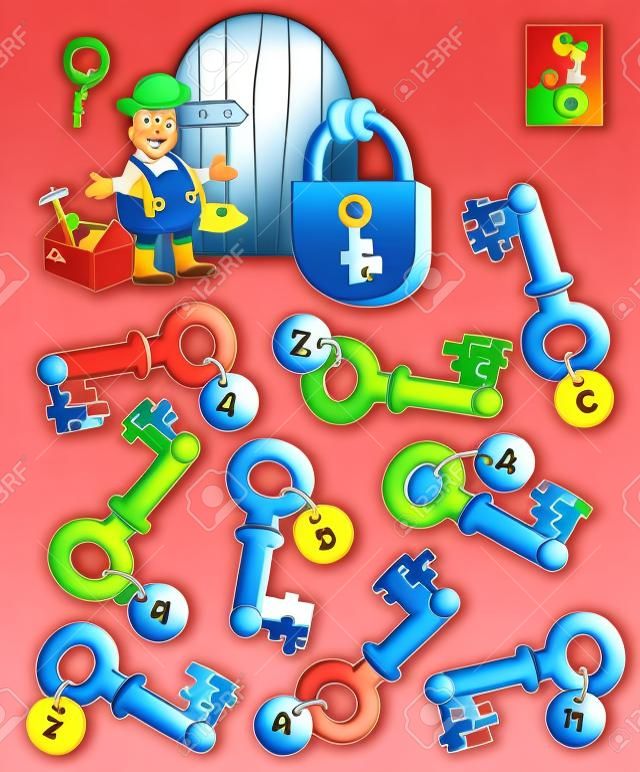 Logica puzzel spel voor kinderen en volwassenen. Help de werknemer vinden van de juiste sleutel en open de lock vector cartoon afbeelding.