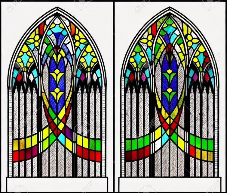Colorful and black and white pattern of Gothic stained glass window. Worksheet for children and adults Vector image.