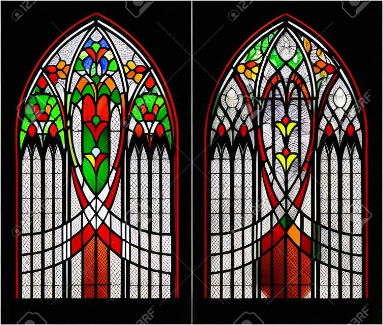 Colorful and black and white pattern of Gothic stained glass window. Worksheet for children and adults Vector image.