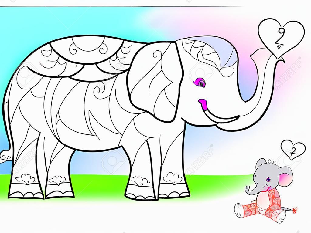 Educational page with exercises for children on addition and subtraction. Need to solve examples and to paint the elephant in relevant colors. Developing skills for counting. Vector image.