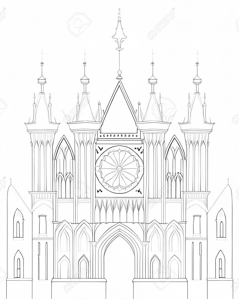 Fantastische tekening van middeleeuwse gotische kasteel. Zwarte en witte pagina voor kleurboek. Werkblad voor kinderen en volwassenen. Vector afbeelding.