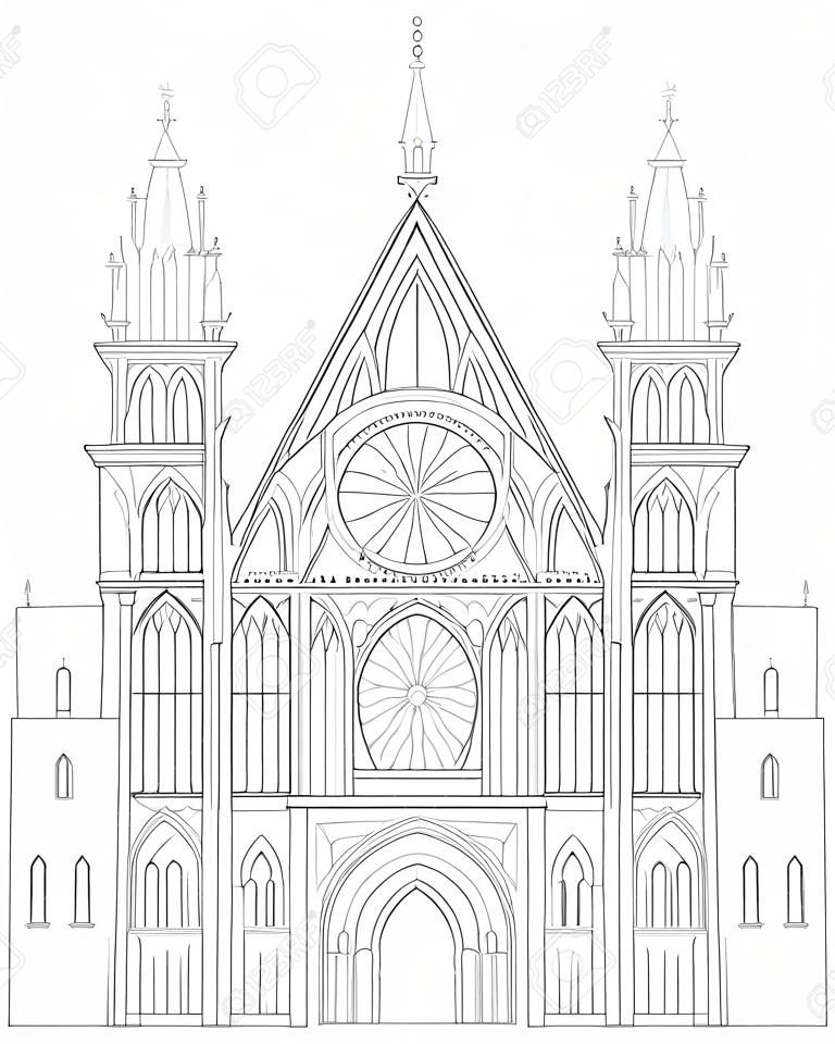 Fantastische tekening van middeleeuwse gotische kasteel. Zwarte en witte pagina voor kleurboek. Werkblad voor kinderen en volwassenen. Vector afbeelding.