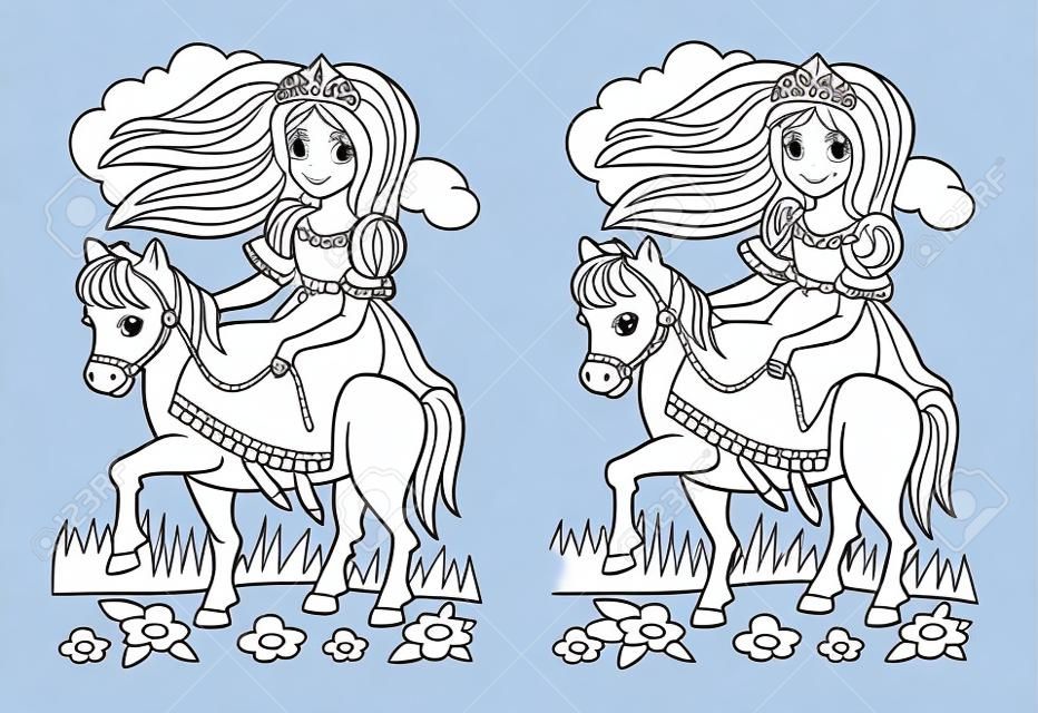 Fantasy illustration of cute little riding princess. Colorful and black and white page for coloring book. Worksheet for children and adults. Vector cartoon image.