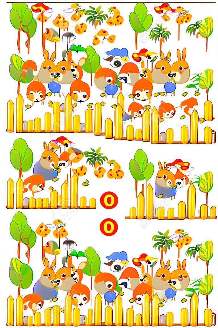Logik-Puzzle-Spiel für Kinder und Erwachsene. Sie müssen 9 Unterschiede finden. Druckbare Seite für Babybuch. Fähigkeiten zum Zählen entwickeln. Vektor-Cartoon-Bild.