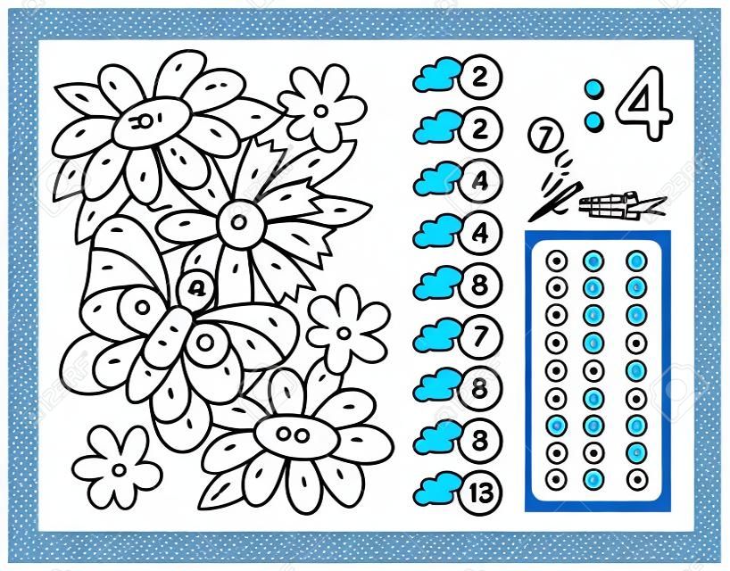 Exercises for kids with division by number 4. Paint the picture. Educational page for mathematics baby book. Printable worksheet for children textbook. Back to school. Vector cartoon image.