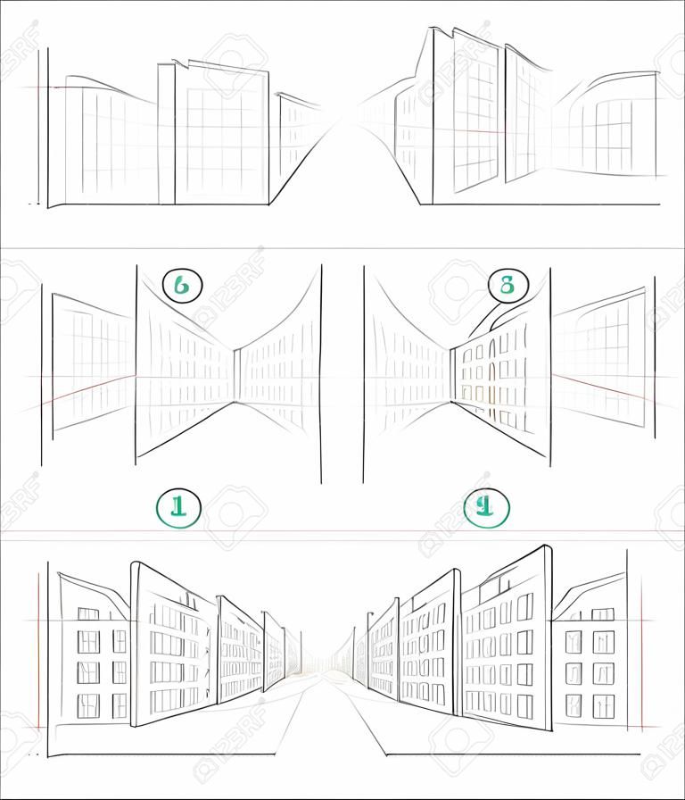 Page shows how to learn step by step to create pencil drawing of meandering town street with houses in perspective. Developing children skills to draw. Back to school. Printable worksheet for kids.