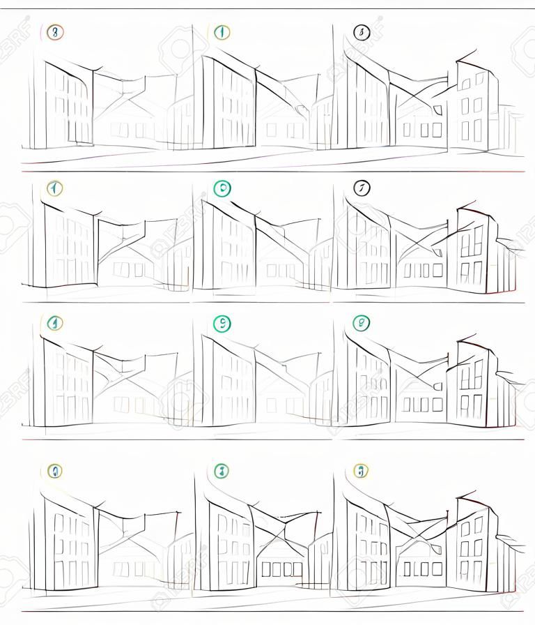 Page shows how to learn step by step to create pencil drawing of meandering town street with houses in perspective. Developing children skills to draw. Back to school. Printable worksheet for kids.