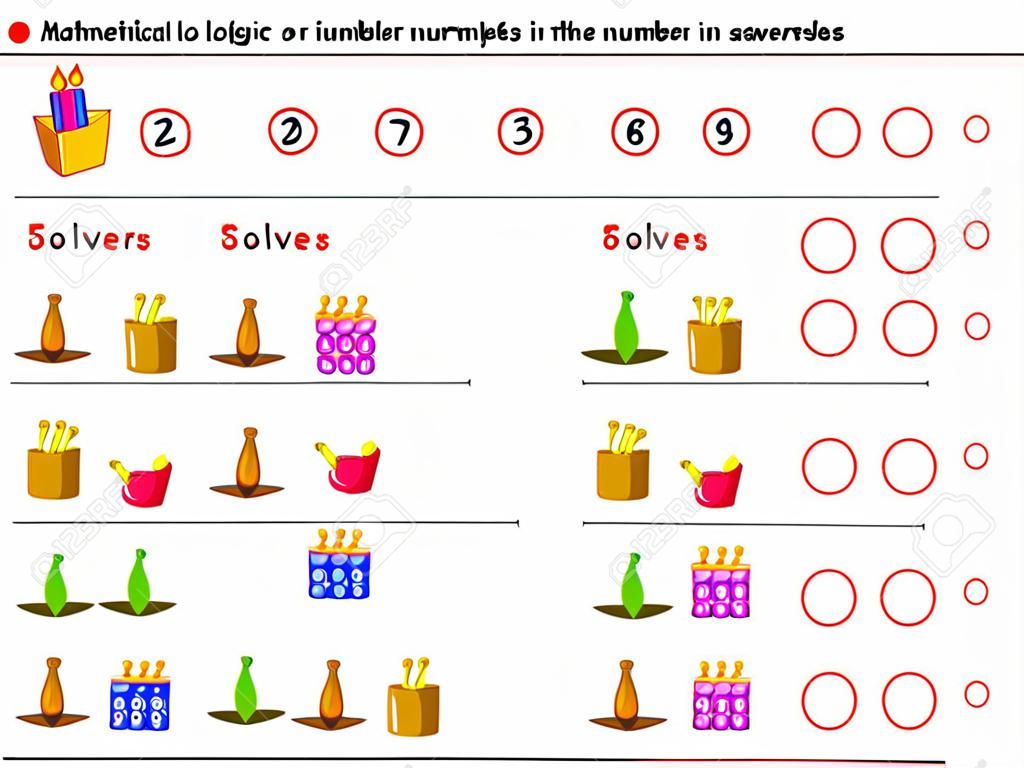 Mathematische Logik-Puzzle-Spiel. Lösen Sie Beispiele und zählen Sie, welche Zahl jedem Objekt entspricht. Schreiben Sie die Antworten in Kreise. Druckbare Seite für Brainteaser-Buch. Räumliches Denken entwickeln.