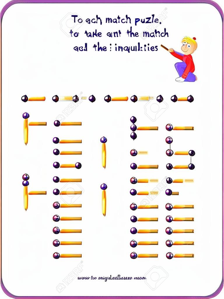 Gioco di puzzle logico con fiammiferi. Ad ogni compito aggiungi 1 fiammifero per correggere le disuguaglianze. Pagina stampabile per il libro rompicapo. Sviluppare il pensiero spaziale. Immagine vettoriale.