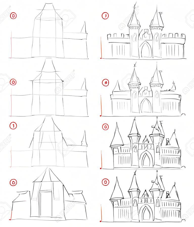 Hoe uit de natuur te trekken stap voor stap schets van middeleeuwse Franse kasteel. Creatie potlood tekening. Educatieve pagina voor kunstenaars. School leerboek voor het ontwikkelen van artistieke vaardigheden. Hand-getrokken vector beeld.