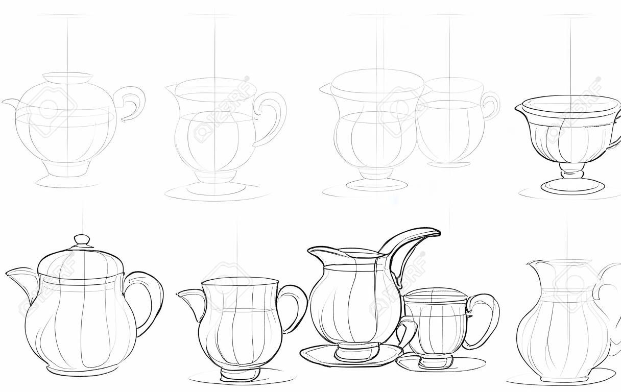 How to draw still life with Baltic ceramic dishes. Creation step by step pencil drawing. Educational page for artists. School textbook for developing artistic skills. Hand-drawn vector image.