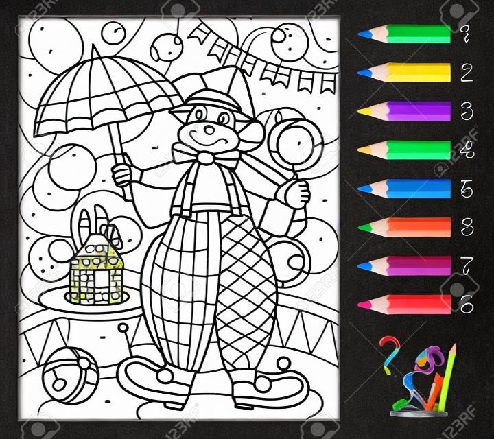 Math education for little children. Coloring book. Mathematical exercises on addition and subtraction. Solve examples and paint clown. Developing counting skills. Printable worksheet for kids.